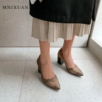 MNIXUAN Seksuali moteris aukštakulnius batus 2020 naujus smailus pirštas gyvatė spausdinti mados suknelė blokuoti kulnas ruda moteris batai plius dydis 32-48