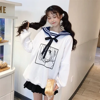 Moterų Japonijos Minkštas sesuo karinio jūrų Laivyno apykaklės Mielas Harajuku Anime Mergina Simbolių Spausdinimo Fleece Loose Puloveriai Atsitiktinis Ilgi Susagstomi megztiniai
