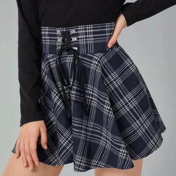 Moterų sijonas Mados saldus mergaičių Retro Pledas Spausdinti Sijonas Dirželis dizaino Trumpas Sijonas mini sijonas
