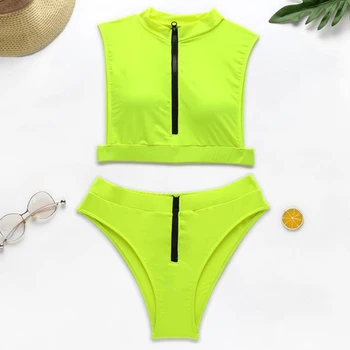 Naujas Neoninė Žalia Aukšto Juosmens Bikini 2020 Moterų maudymosi kostiumėlį Moterų maudymosi Kostiumėliai, Dviejų dalių, Bikini nustatyti Užtrauktukas Bather Sporto Maudymosi Kostiumą Plaukti