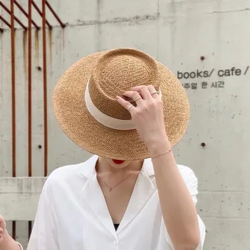 Naujas Rankų Darbo Šiaudų Paplūdimio Skrybėlę Moterims Vasaros Atostogų Panama Kepurė Mados Įgaubtas Butas Apsaugos Nuo Saulės Skydeliu, Kepurės Didmeninė
