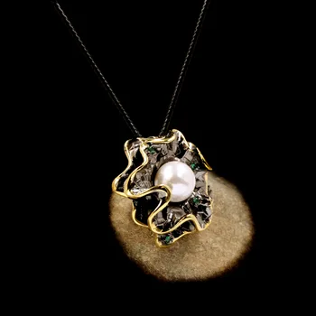 Naujas Stilius Gėlavandenių Perlų Juodojo Aukso Dviejų spalvų Gėlių Karoliai Pakabukas Clavicle Elegantiškas Šalies Ponios 925 Sidabro Grandinės Megztinis