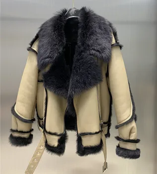 Originali avikailio odiniai paltai žiemos drabužių moterims storas šiltas natūralus nekilnojamojo avių kailio striukė stiliaus motociklas