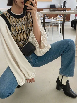 Prancūzijos derliaus rhombus vilnos liemenė 2020 m. rudenį naujų nukentėjo spalvos apvalios kaklo, rankovių universalus megzti megztinis top moterims