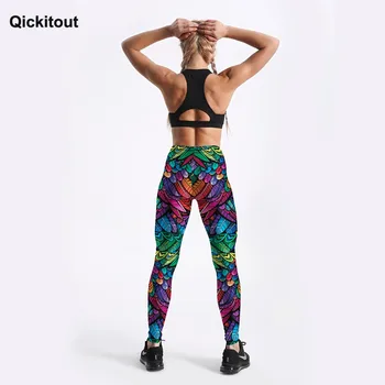 Qickitout Vasaros Naują Arriaval Spalvos Plunksnos 3D Atspausdintas Moterų Sexy Fitneso Activewear Elastinga Vidurio Juosmens Kelnės Lašas Laivybos