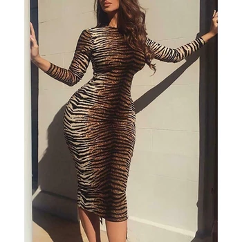 Seksualus Midi Suknelė Moterų tigras spausdinti Vakare Šalies klubas dėvėti aukštos kaklo, ilgomis rankovėmis slim tampri Bodycon Suknelė