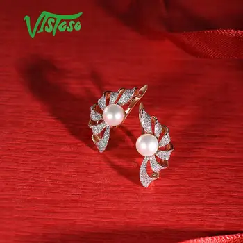 VISTOSO Aukso Auskarai Moterims 14K 585 Rose Gold Gėlo Vandens White Pearl Prabangių Deimantų Vestuvių Juostoje Jubiliejų Fine Jewelry