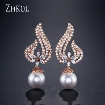 ZAKOL Mados Dizaino Balto Aukso CZ Cirkonis Tabaluoti Earings su Perlų Imitacija Elegantiška Moteriška Vestuvių Papuošalai Dovana FSEP355