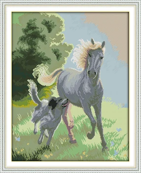 šuo ir arklys kartu keliauja gyvūnai tapybos skaičiuojami spausdinimo ant drobės DMC 14CT 11CT Kryželiu Siuvinėti Nustatyti Siuvinėjimo rinkiniai
